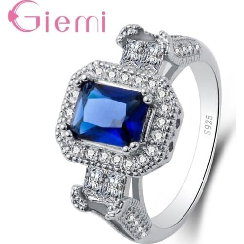 High Quality Square Bule Crystal 925 Sterling Silver Geometric Ring For Women Female Party Wedding Jewelry Wholesale