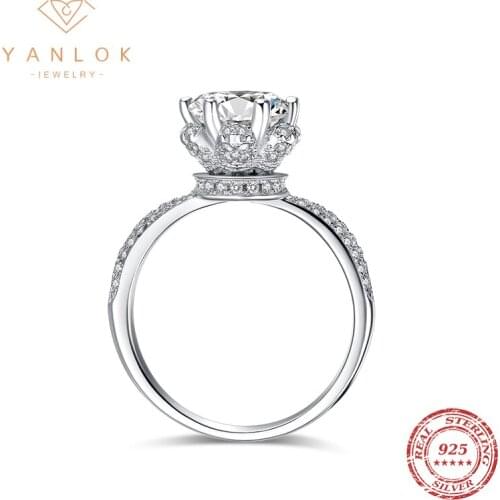 YANLOK Exquisite Luxury Pure 925 Sterling Silver Crown Round 2CT Flower Wedding Finger Ring For Women Fine Engagement Jewelry