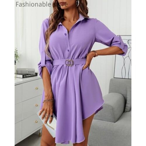 Women Solid Color Long Sleeve Button Design Irregular Shirt Dress