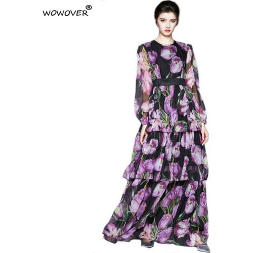 Elegant Woman Long Sleeve Cascading Ruffle Tulips Floral Print Chiffon Maxi Party Dress Bohemian Beach Robe Puple Vestidos