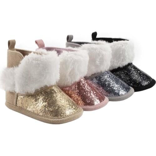 Newborn Boys Girls Snow Boots Winter Glitter Sequin Prewalkers Anti-Slip Fuzzy First Walkers Keep Warm Toddler Soft Footwear