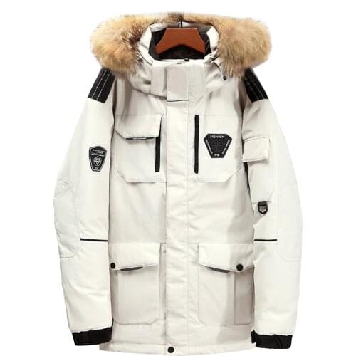 2020 Winter New Mens White Duck Down Jacket Large Fur Collar Hooded Coats Splicing Tooling Style Thick Warm Parka Male Brand