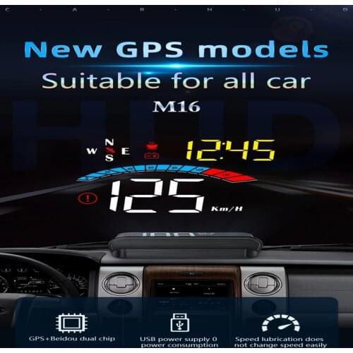 M16 HUD Car GPS Head Up Display Car GPS Gauge Digital Speedometer Windshield Speed Projector Compass Voltage KM/h MPH Display
