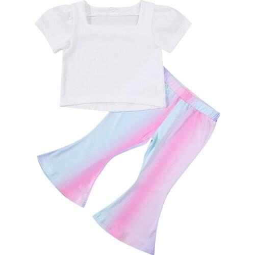 Toddler Kids Baby Girl Summer Outfit Short Sleeve Square Collar White T-shirt+Tie Dyed Flared Pants 2Pieces Party Girl Sets 2-7Y