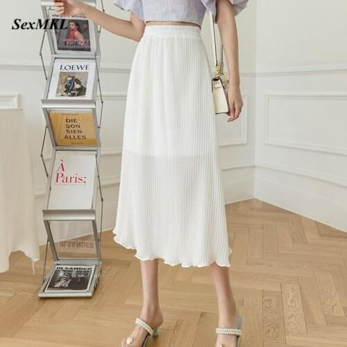 Elegant Summer Black Long Skirts Women 2021 New Fashion High Waist White Pleated Skirt Korean Holiday Sexy Chiffon Maxi Skirt