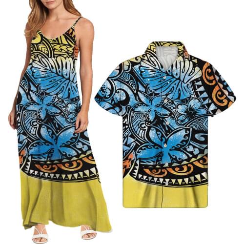 Hycool Custom Fashion Tribal Print Backless Maxi Beach Dresses Women Casual Plus Size Home Dresses Match 5xl Men Hawaiian Shirts