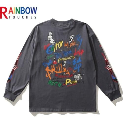 Rainbowtouches Mens Street Trend Loose Crew Neck Cartoon Letter Graffiti Print Long Sleeve Casual T-shirt Unisex