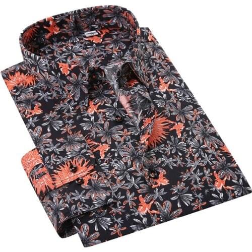 Fashion Floral Print Men Holiday Casual Cotton Shirt Pocketless Design Long Sleeve Flowers Hawaiian Blouse Beach Shirts