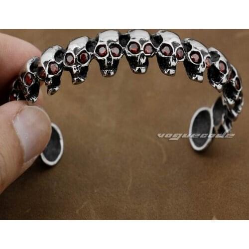 316L Stainless Steel Red CZ Eyes Skulls Bangle Mens Biker Bracelet 5J029