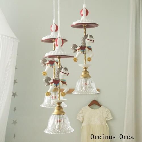 Latest cartoon creative pony chandelier Boy Girl Bedroom childrens room lamp American retro carousel Chandelier