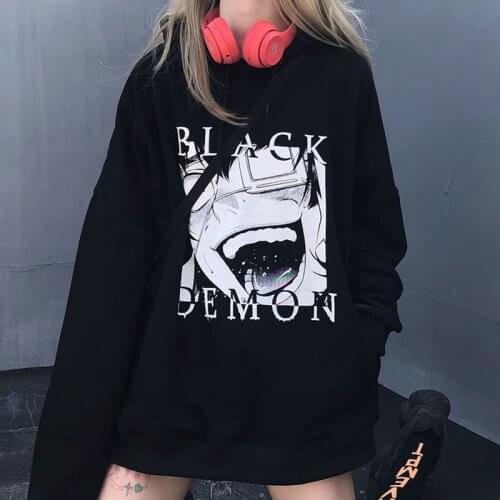 Punk Goth Harajuku Dark Crazy Girl Personality Cartoon Print Top Streetwear Japan casual women pullover HipHop Hooded Sweatshirt