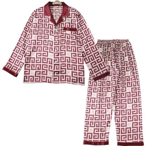 BALDAUREN 2021 New Mens Pajamas Long-Sleeved Summer And Spring Lapel Printed Trousers Imitation Silk Home Service Suits Sale