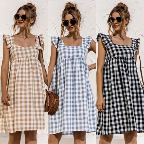 Womens Casual Summer Dress Female Ruffles Sleeveless Plaid Square Neck Loose Midi Dress 2021 New Fashion Dresses Women Vestidos