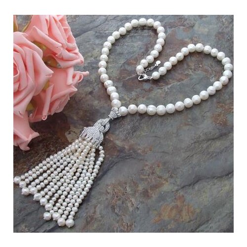 Popular micro-inlay leopard head pendant white 8-9MM natural freshwater pearl necklace 20 inches tassel pearl 3-4 mm