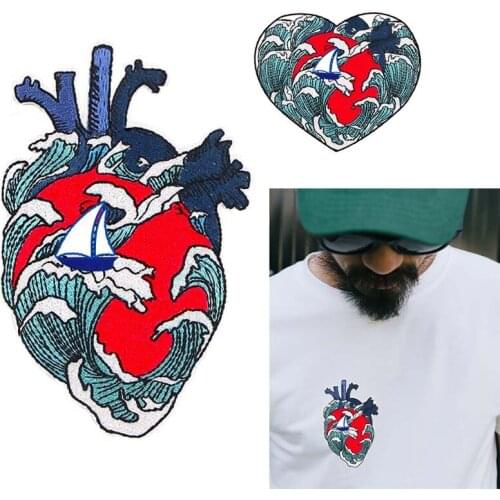 Prajna Iron On Punk Heart Patch For Clothing Embroidered Red Heart Badge Patches DIY Flowers Heart Applique Stripes On T shirt