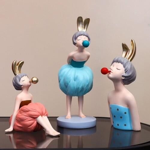 Light Luxury Creative Resin Rabbit Ear Bubble Girl Sculpture Ornament Home Entrance Bedroom Furnishings Craft Girl Birthday Gift