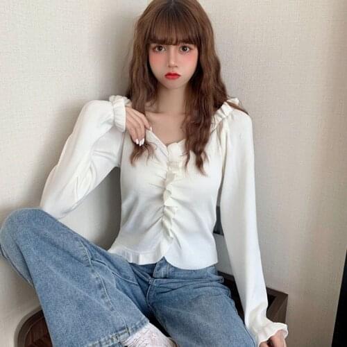 Knit T-shirts For Women Korean Style Solid Color Ruffles Trim Tops Fashion Slim Pullover Long Sleeve