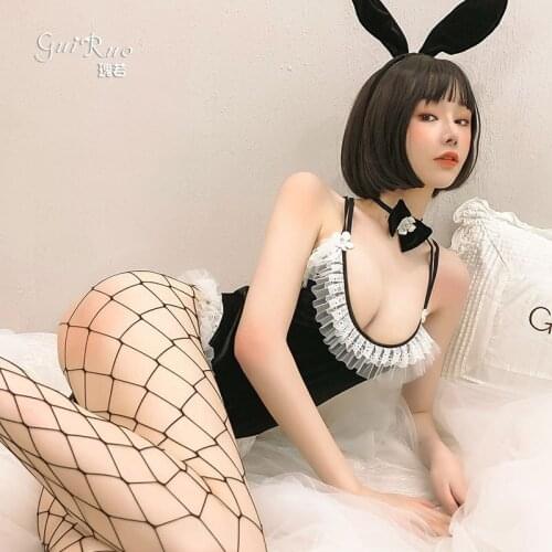 Japanese Cute Bunny Girl Sexy Lingerie One-Piece Bodysuit Role Play Bunny Cosplay Uniform Velvet Lace Rabbit Ear Outfits