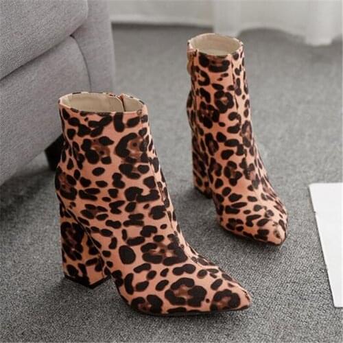 Womens shoes flock square high heels 11.5cm thick heel Pointed Toe leopard high heel female ankle boots