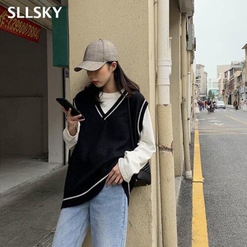 SLLSKY Women Vest Simple All-match Patchwork Korean Style V-neck Knitted Sweater Leisure Student Sleeveless Female Vintage Vest