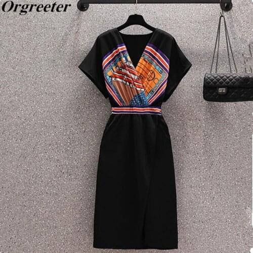 Elegant Office Ladies Retro Printted Satin Patchwork Dress Summer New V-neck Raglan Sleeve Bodycon Pencil Dresses Plus size