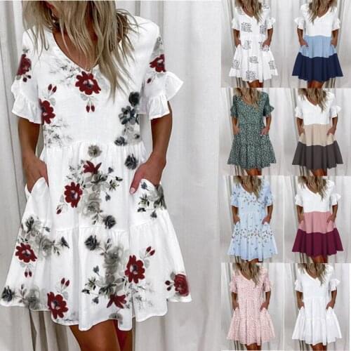 2021 Summer Women Dress Fashion Floral Print Ruffled Pocket V-Neck Short Sleeve A Line Dresses Female Boho Beach Sundress