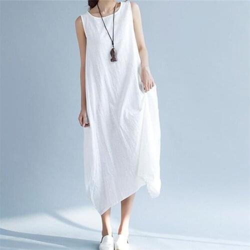 2020 Summer National Style A-line Solid Dress Woman Chinese Style Cotton Linen Sleeveless Dress Round Neck Plus Size Tank Robe