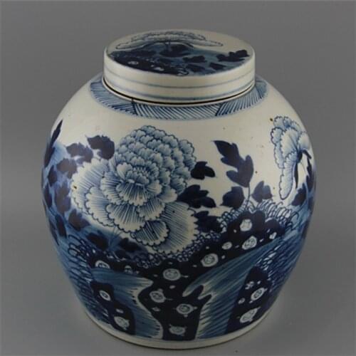 6 Antique QingDynasty Handmade porcelain pot,blue& white Peony jar ,Hand-painted crafts,best collection& adornment