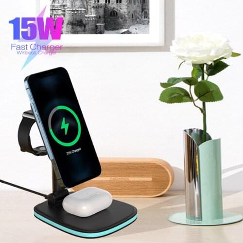 15W Quick Charge Wireless Magnetic Charger Holder Mobile Phone 3in1 Charging Stand For iPhone 12 11 Pro Max Xiaomi 11 Huawei P40