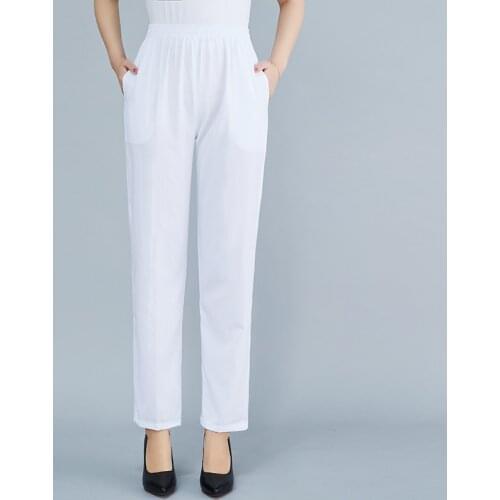 Summer Straight Pants Vintage Middle-aged Women Solid Color Thin Loose Ankle-Length Trousers Elastic Waist Casual White Pants
