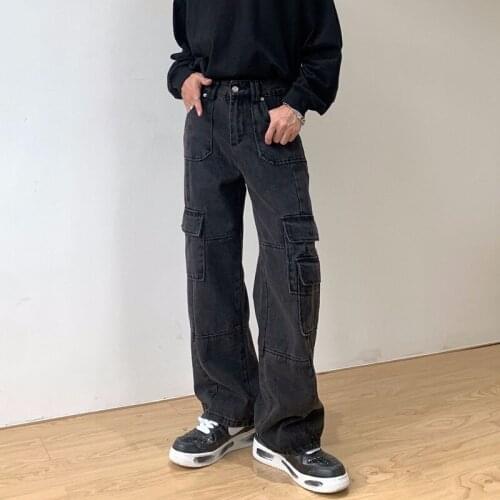 Wide Leg Jeans for Men Streetwear Retro Vintage Jeans Men Washed Straight Loose Cargo Jeans Large Pocket Man Baggy Pants Black