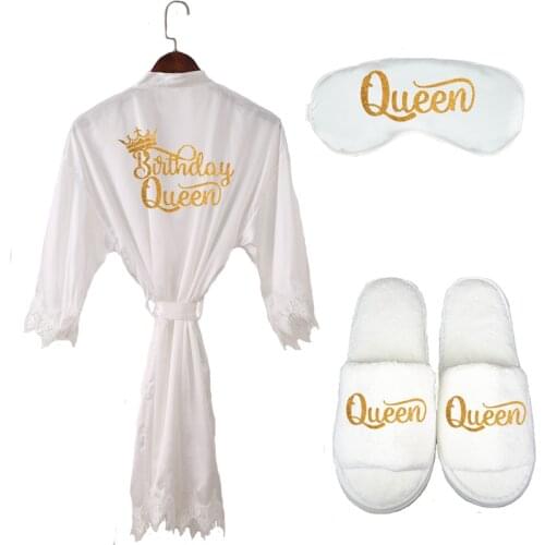 3pc set sexy lace robe white satin birthday queen glitter gold women slippers eyemask set birthday Party lady girl kimono robes