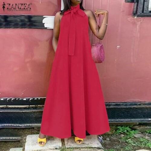 Fashion Women Solid Maxi Dress ZANZEA Elegant Outwear Long Sundress Oversize Bow Tie Kaftan Holiday Party A-Line Sleeveless Robe