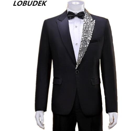 Mens Formal Tuxedo Suits Sparkly Rhinestones Black Blazer+Pants 2-Pieces Set Male Groom Wedding Prom Host Slim Suit