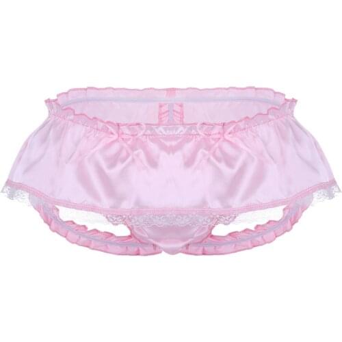 Mens Lingerie Soft Shiny Satin Ruffled 3 Bum Straps Skirted Jockstraps Pouch Panties Sissy Open Butt Lace Briefs Underwear