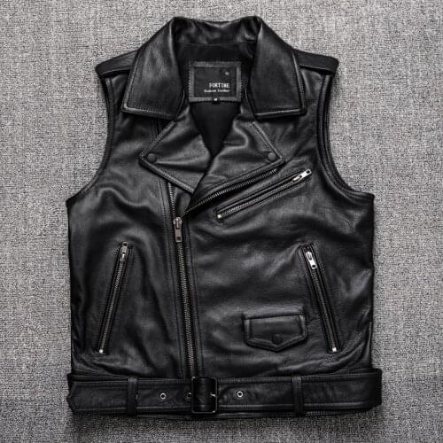 Men Motorcycle Biker Leather Vest Belted Punk Genuine Leather Sleeveless Jacket 100% Real Cowhide Waistcoat