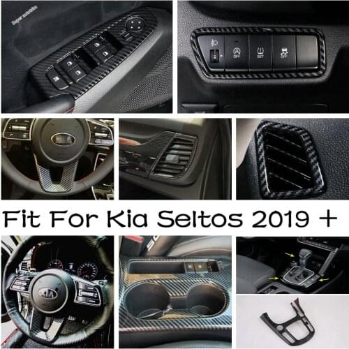 Window Switch / Steering Wheel / Cup Holder / Air AC Vent Outlet Cover Trim Carbon Fiber Accessory For Kia Seltos 2019 2020 2021