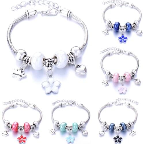 Silver Color Lovely Crown heart pendant Charm Bracelets With Cartoon Leaves Beads Bracelets For Women Jewelry Gift Bangle Gift