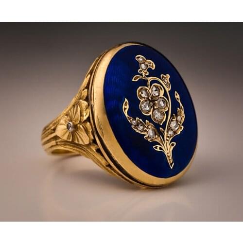 Byzantine Style Epoxy Material Zircon Finger Ring for Women Party Wedding Engagement Engraving Flower Gold Color Alloy Ring