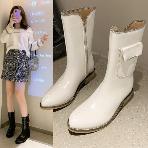 2021 Winter Women Boots Black White Knee High Boots Designer Fashion Chunky Boots Runway Motorcycle Long Boots Pointed Toe