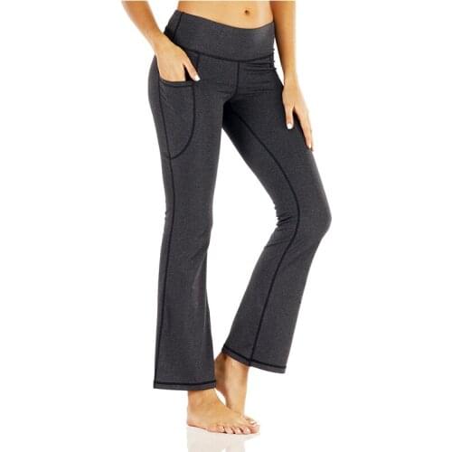 Womens Sport Pants Long High-Waisted Flare Pants with Pockets Tummy Control Workout Non See-Through Pants 4 Way Stretch
