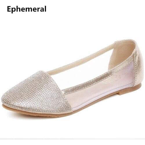 Feminines Luxury Rhinestone Patchwork Pointy Toe Narrow Mouth Plus Size 44 S No Heels Women Retro Shoes Clear Pink Breathable
