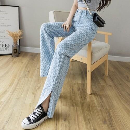 Ladies Super Fire Jacquard Jeans Summer 2021 High Waist Mopping The Floor Split Wide Leg Pants Split Flared Pants Women Jeans
