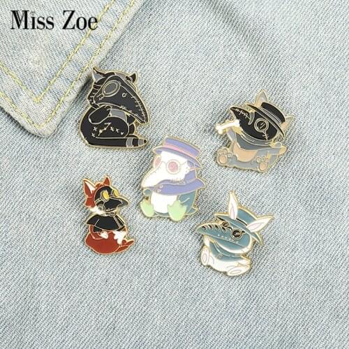 Plague Doctor Animal Enamel Pin Custom Fox Rabbit Penguin Brooches Bag Lapel Pin Funny Cute Cartoon Badge Jewelry Gift for Kids