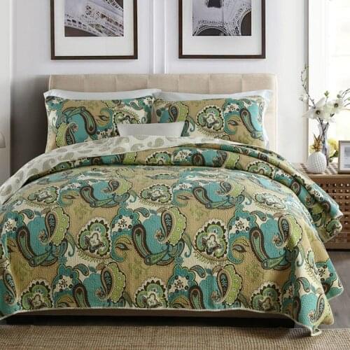 American Bedspread Quilt Set 3PCS Quilted Cotton AB-side Paisley Pattern Quilts Bed Covers King Size Coverlet Blanket Green