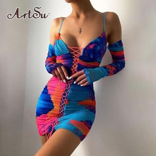 Artsu Early Autumn New Mini Dress Suspender Bright Color Printing Strappy Drawstring Slim For Women Clubwear