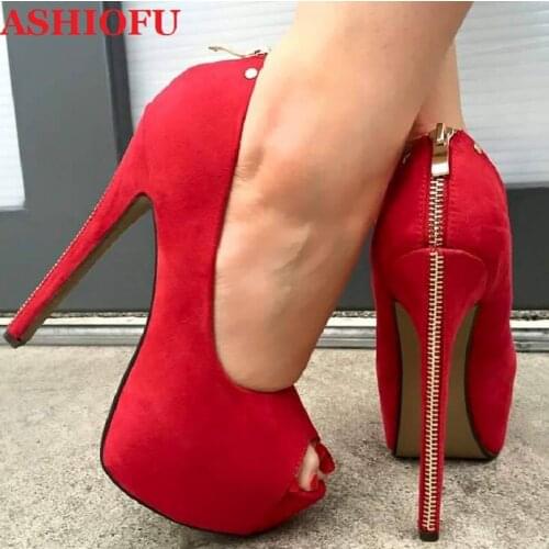 ASHIOFU Handmade Ladies High Heel Pumps Office Party Peep-toe Dress Shoes Zipper Deco Sexy Platform Slip-on Fashion Court Shoes