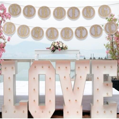 Burlap Banner Letter A-Z and Number 0-9 with Pink Lace for DIY Just Married Birthday Candy Bar Flag Wedding Party Hanging Decors