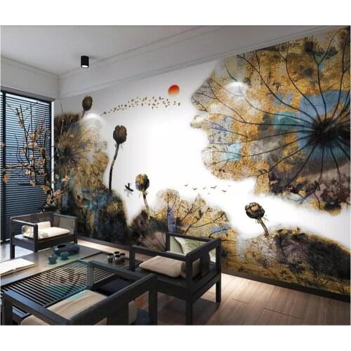 Beibehang Custom photo wallpaper mural new Chinese ink lotus gold decorative painting TV sofa background wall papel de parede