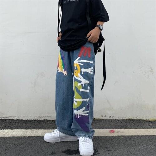 Harajuku washed jeans all-match ins trend rainbow graffiti printing casual loose wide-leg pants
